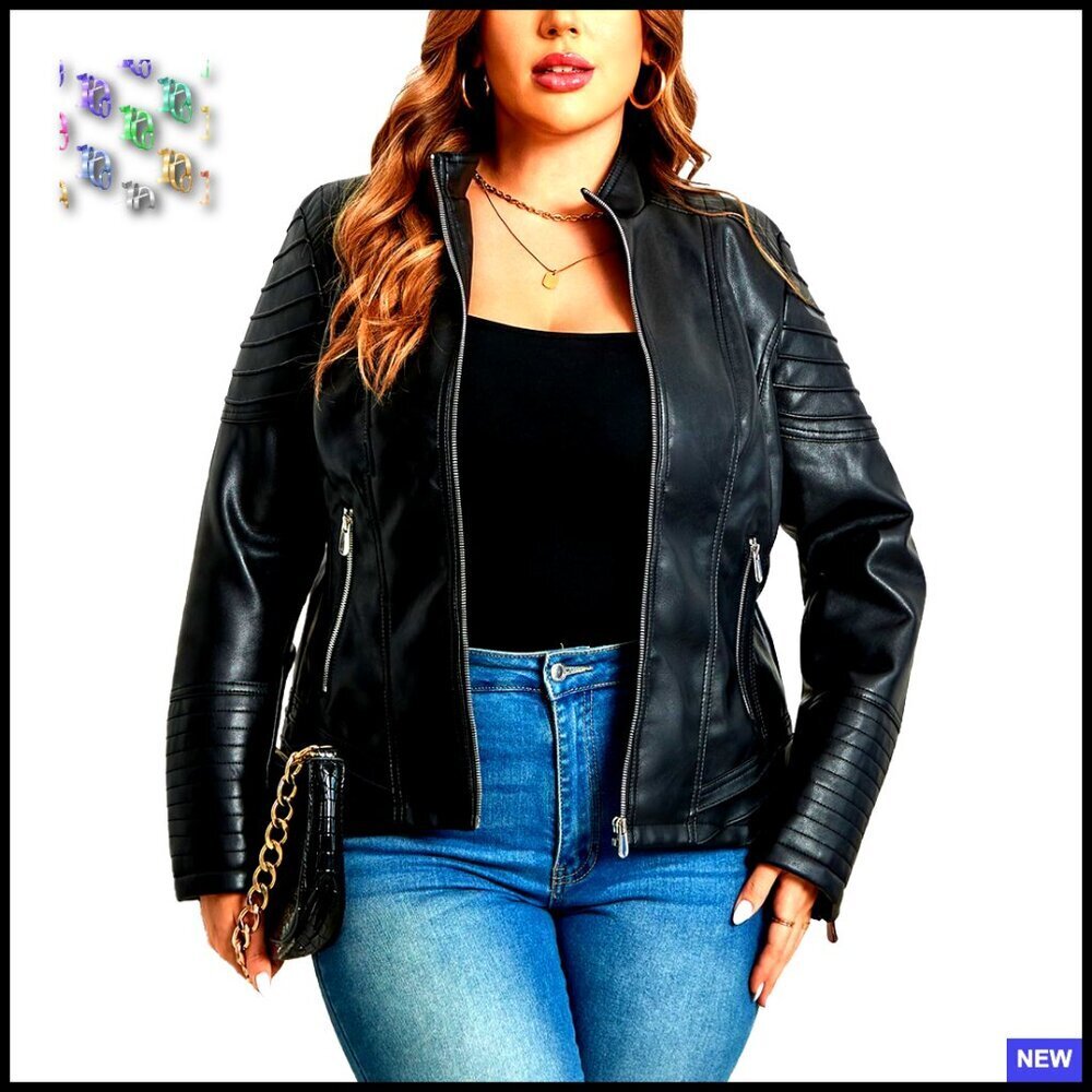 Faux Leather Motorcycle Jacket Plus Size Loose Fit Modern Biker Style PU Coat